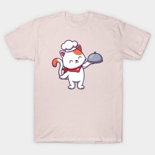 Cute Cat Chef Holding Cloche T-Shirt